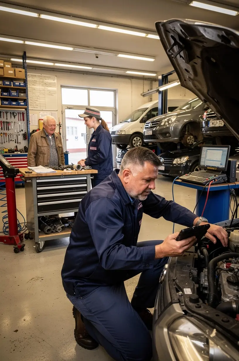 Technik vykonáva údržbu vozidla výmenou oleja a filtrov v profesionálnom autoservise na Slovensku.
